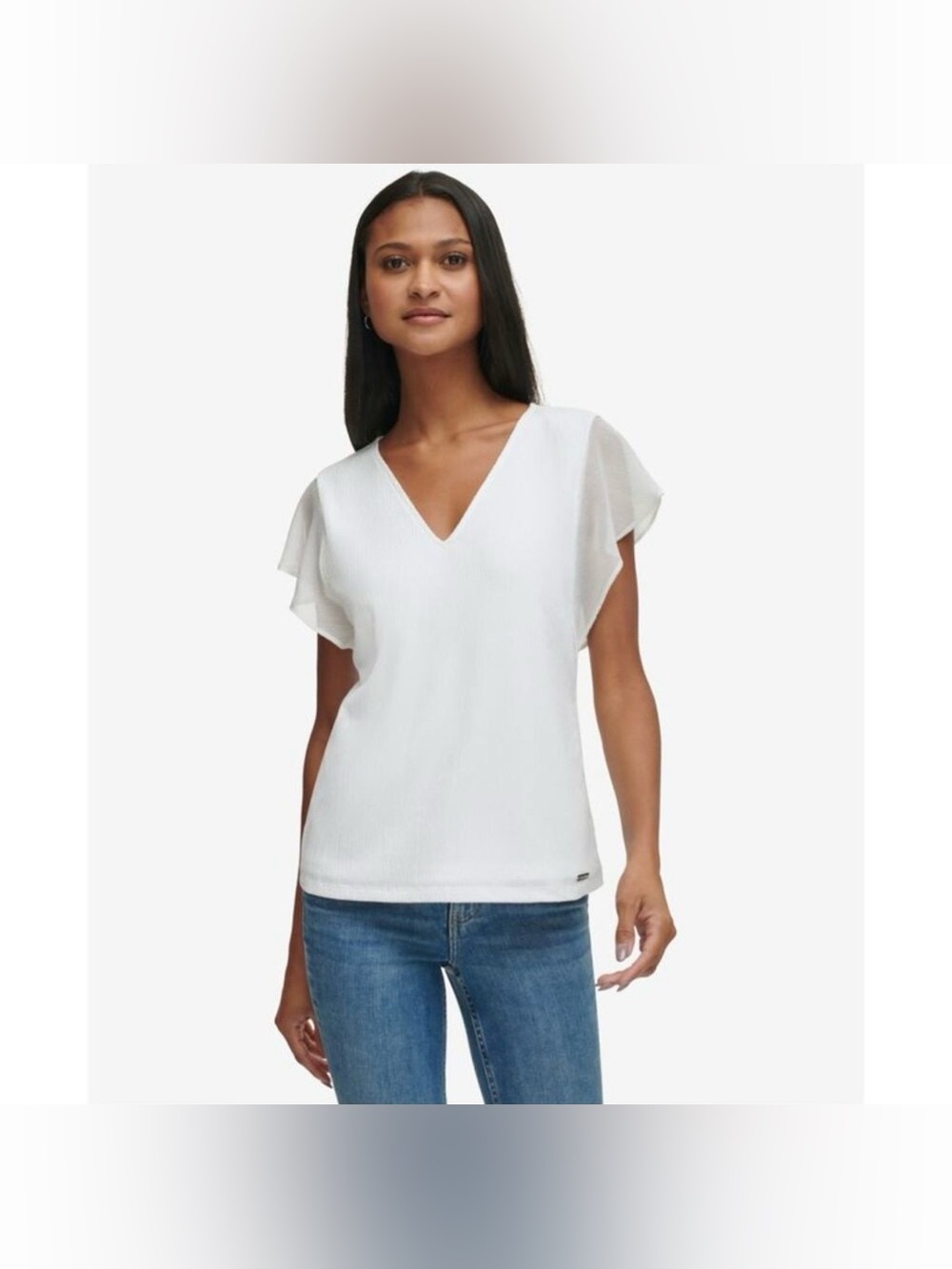 Calvin Klein White Ruffle Shoulder Short Sleeve Blouse